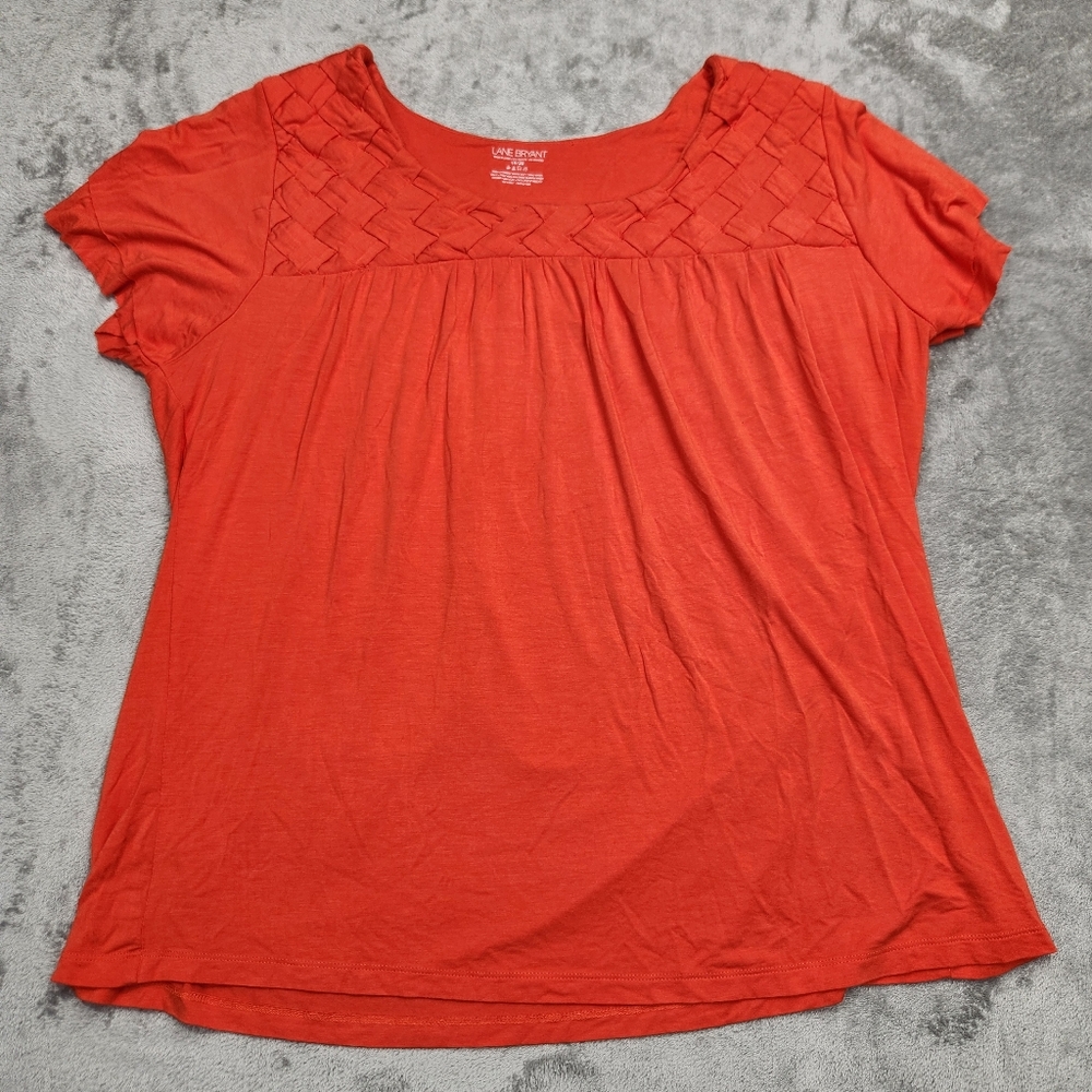 Lane Bryant Size 18/20 Orange Coral Soft Stretch Braided Neckline Top Blouse